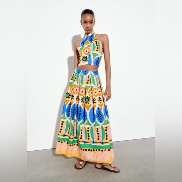 ZARA NWT Women's Printed Blue Yellow Summer Ruched Halter  Crop Top Size Small - Picture 2 of 8